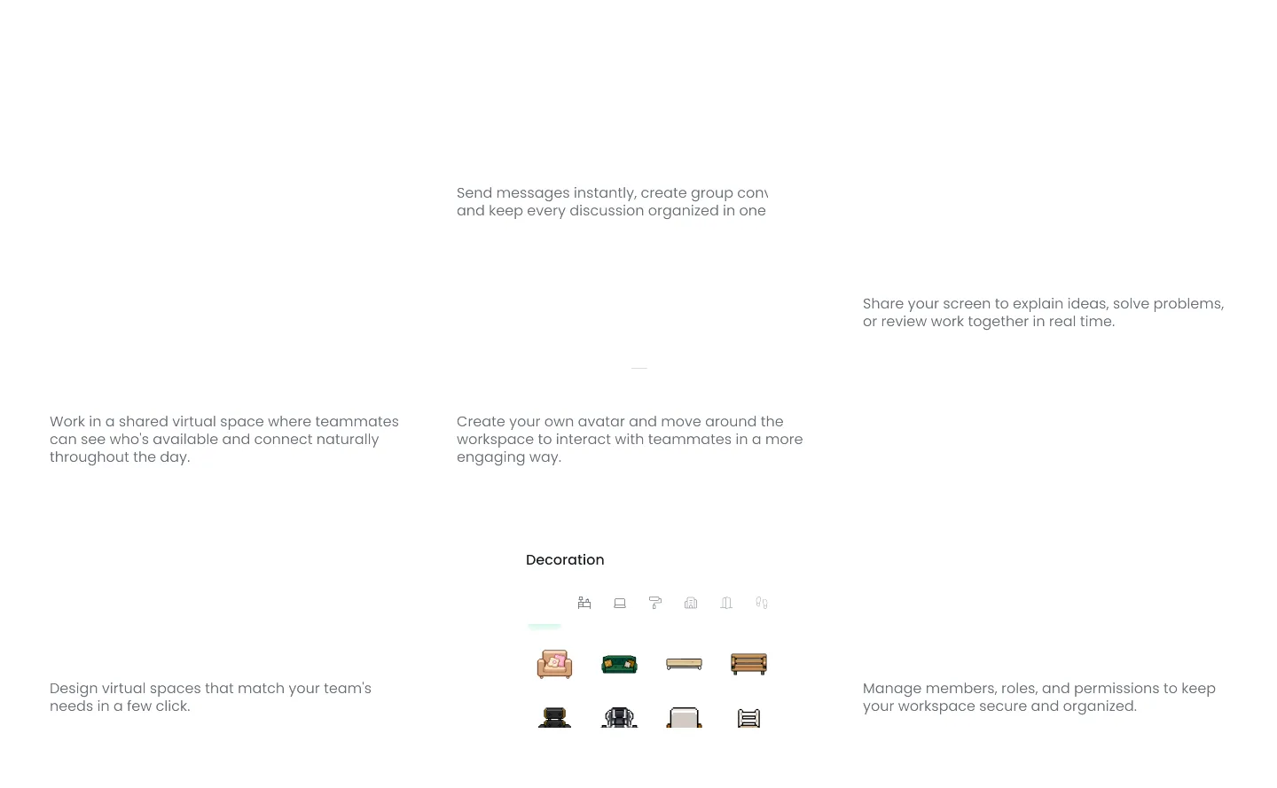 Feature overview: Virtual office, Real-time chat, Avatar, Screen share, Space builder and Team management.