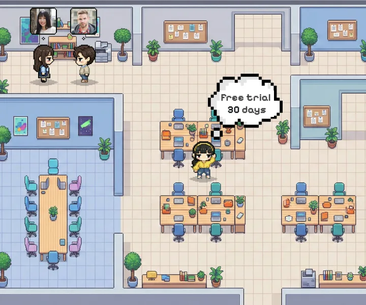 A pixel-art virtual office map